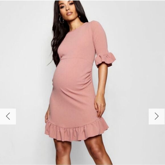 Maternity Boohoo Mauve Desert Rose  Curve Hem Ruffle Shift Dress Sz 10 NWOT - Picture 8 of 8